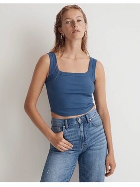 Madewell Ribbed Square-Neck Crop Tank in Denim Blue